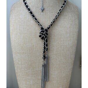 Guess Black & Silver Chain Tassel Necklace With Knot Design Adjustable Length Fa
